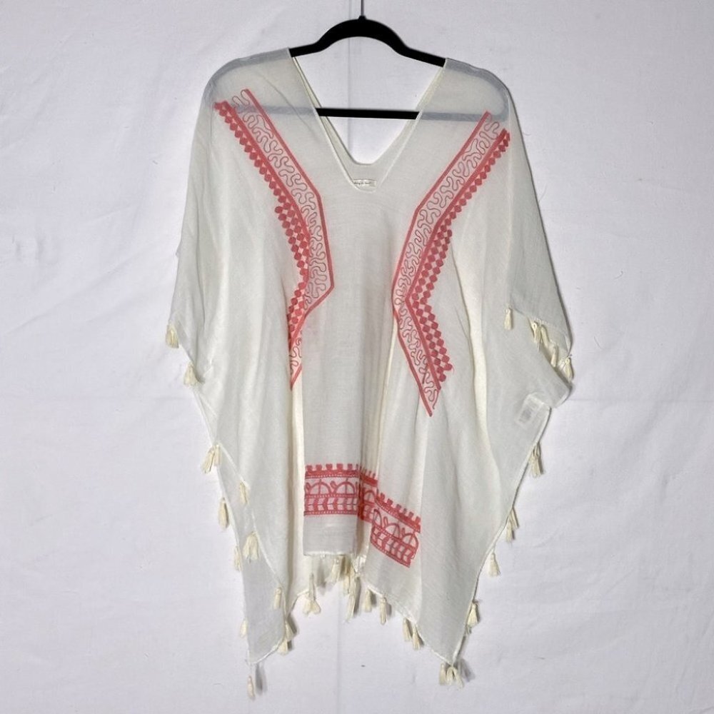 Do Everything In Love Sheer Ivory Poncho Style Top With Pink Embroidery L